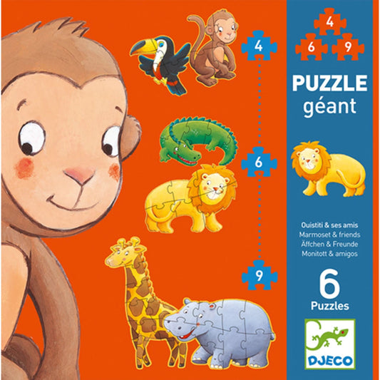 Puzzle géant Djeco Ouistiti et ses amis, 4/6/9 pièces