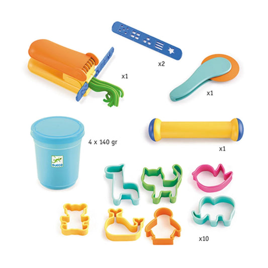 Coffret de pétrissage Djeco, 4 couleurs et 17 outils