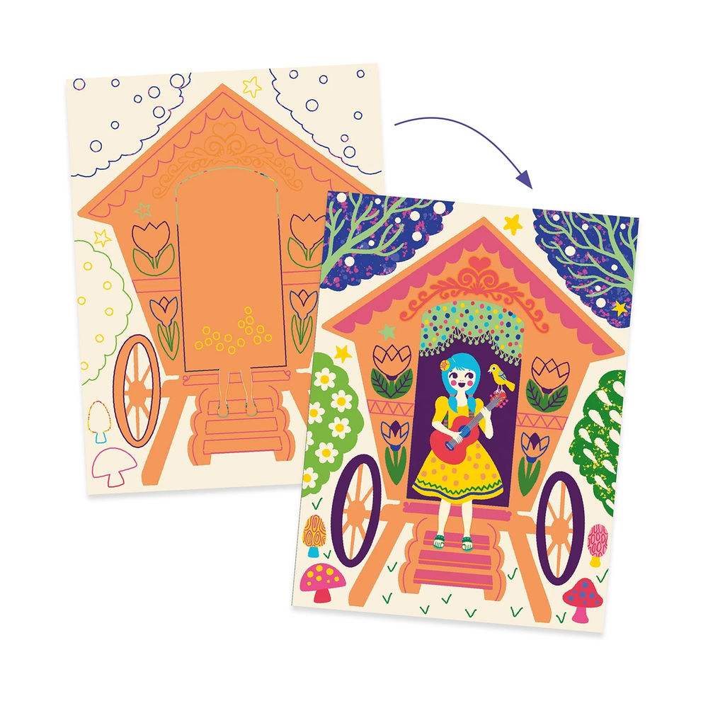 Djeco Scratch pictures two-coloured Crazy Houses